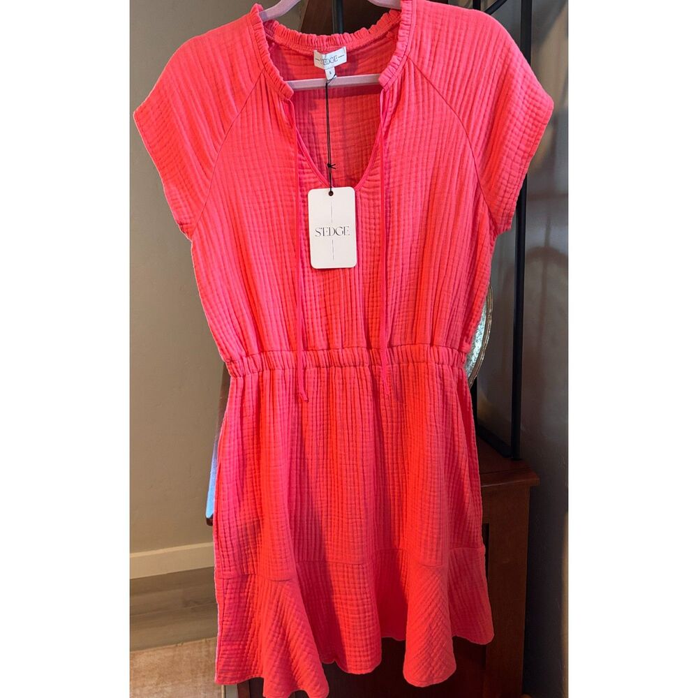 NWT S'Edge Coral Pink Double Gauze Cotton Ruffle Mini Dress Size S
